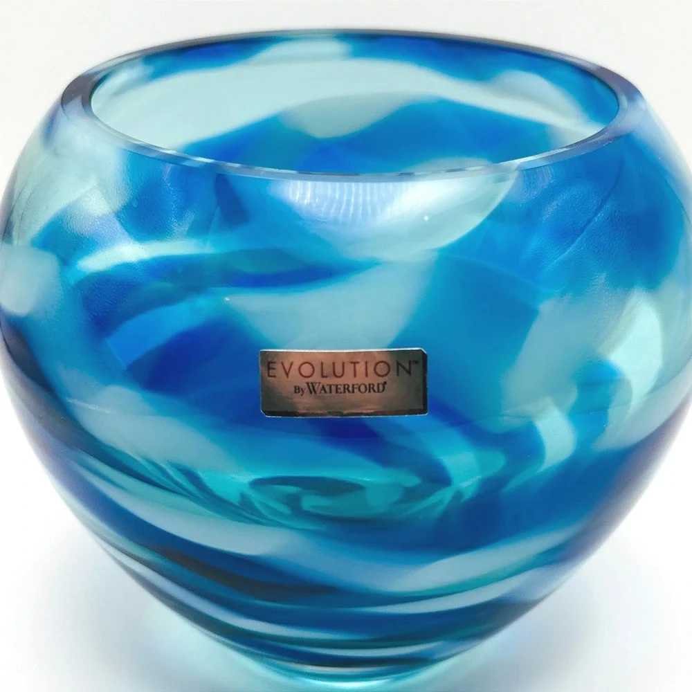 Waterford Evolution Cobalt Rush Art Glass Votive Bowl Candle Holder Poland